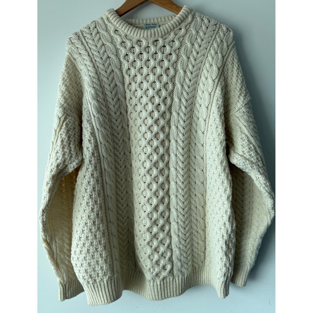 Aran Isles Knitwear Merino Wool Cable Knit Sweater Cream Made in Ireland XL - Picture 1 of 10
